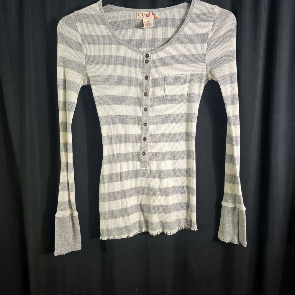 Y2K OP Womens Grey White Striped Henley Long Sleeve Shirt M 7-9 Babydoll